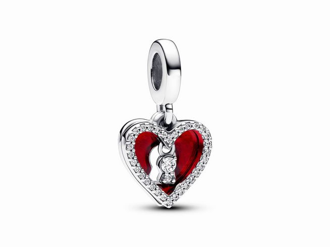 Roter Herz- und Schlüsselloch Doppelter Charm-Anhänger aus Sterling Silber mit roten Zirkonia und funkelnden Details, ideal für den Valentinstag.