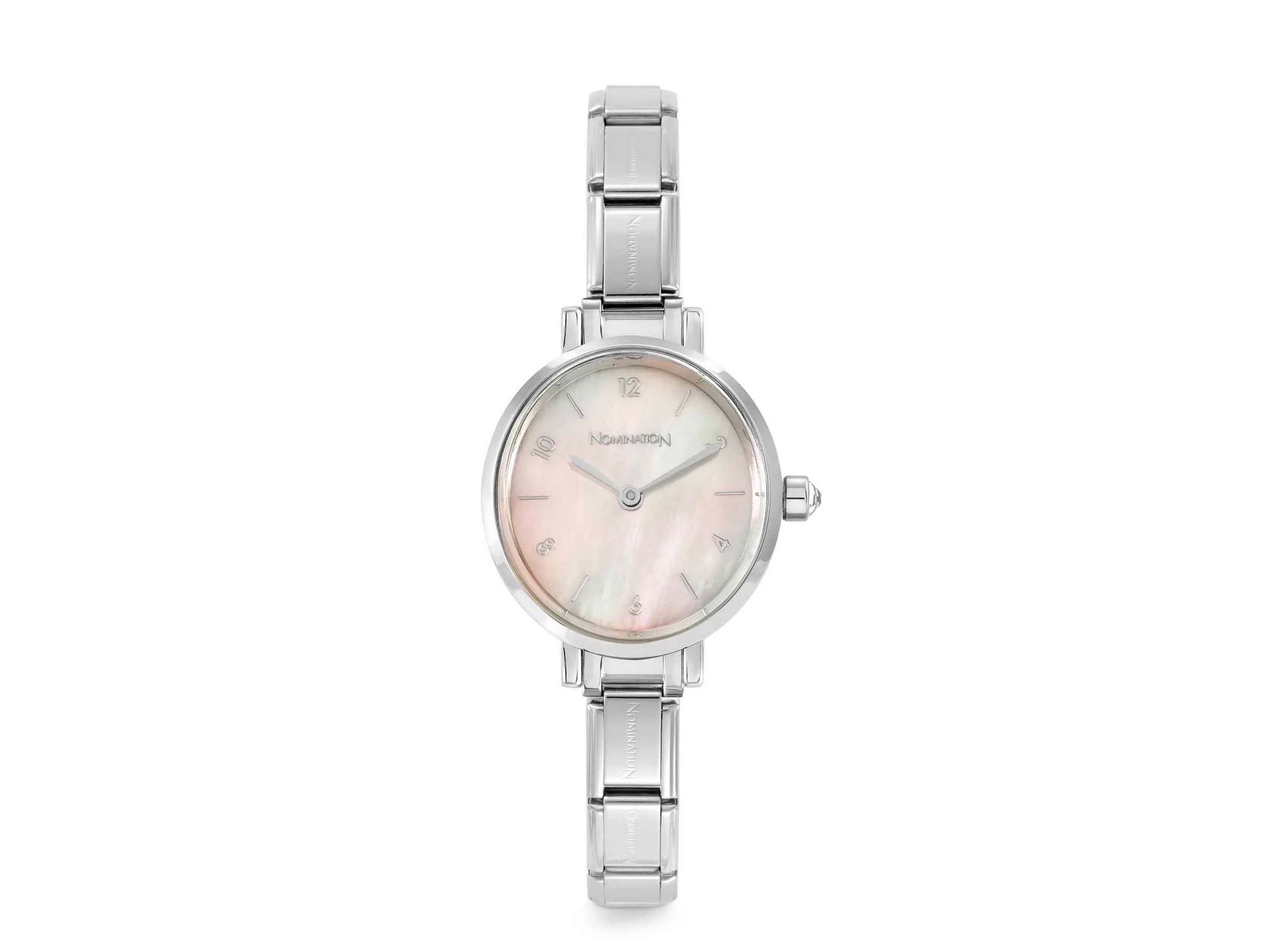 Elegante Perlmutt-Rosa Uhr von Nomination mit silbernem Armband und rundem Zifferblatt, geeignet für jeden Anlass. Modell 076038 09 aus der Kollektion PARIS.