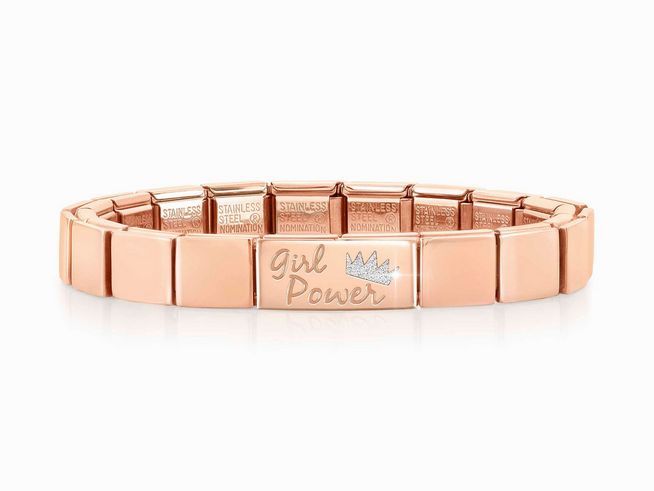 Edelstahl Armband in Roségold mit dem Schriftzug Girl Power und einer Krone, von Nomination, Modell Double Link. Perfekt für modebewusste Frauen.