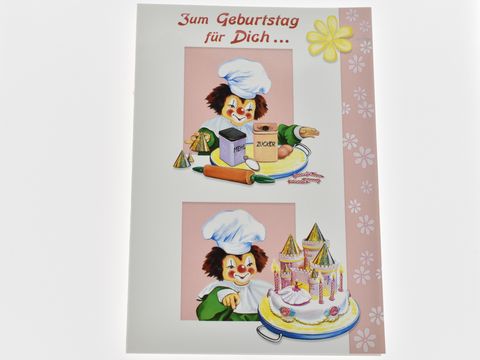 Geburtstagskarte - Clown in der Zuckerbäckerei mit Torte
