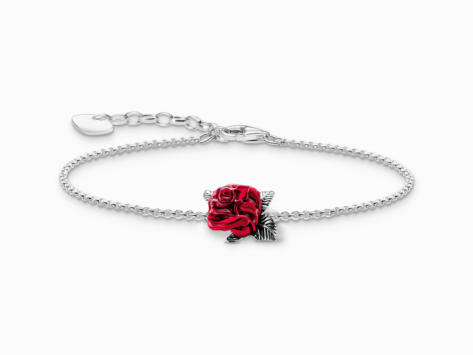 Rot-goldenes Armband von Thomas Sabo aus Silber mit schwarzer Emaille und einer roten Rose als zentrale Verzierung. Verstellbare Länge von 16 bis 19 cm.