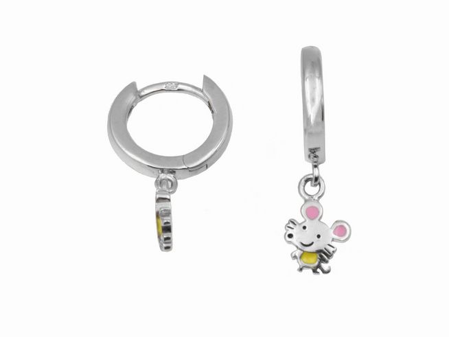 Creolen mit Hänger Maus aus 925 Sterling Silber, poliert und rhodiniert, ideal für Kinder, Hersteller Juwelier Harnisch.