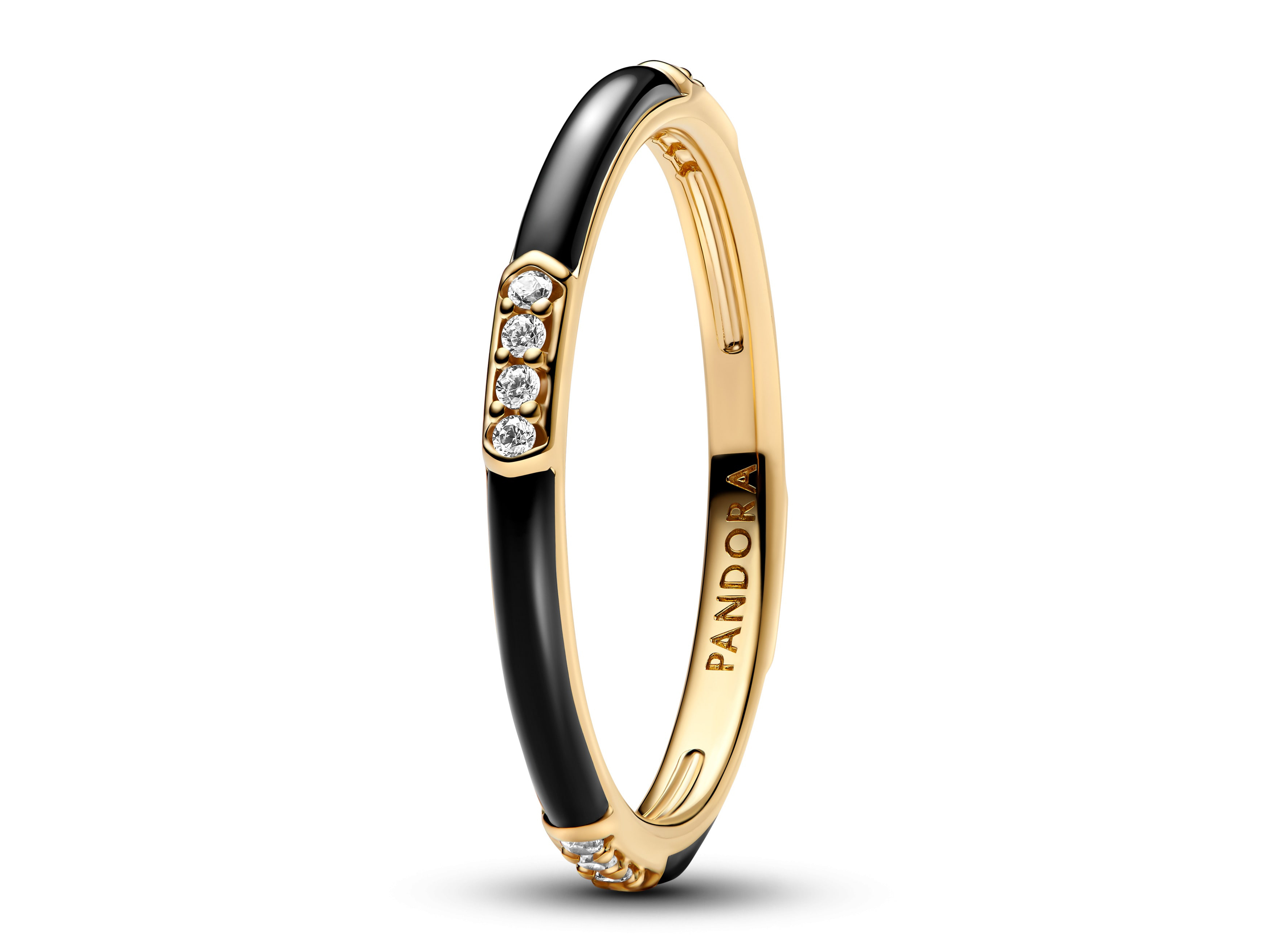 Gelbgold vergoldeter Ring von Pandora mit Zirkonia und schwarzem Emaille in Größe 44, elegant und modern, ideal für jeden Anlass.