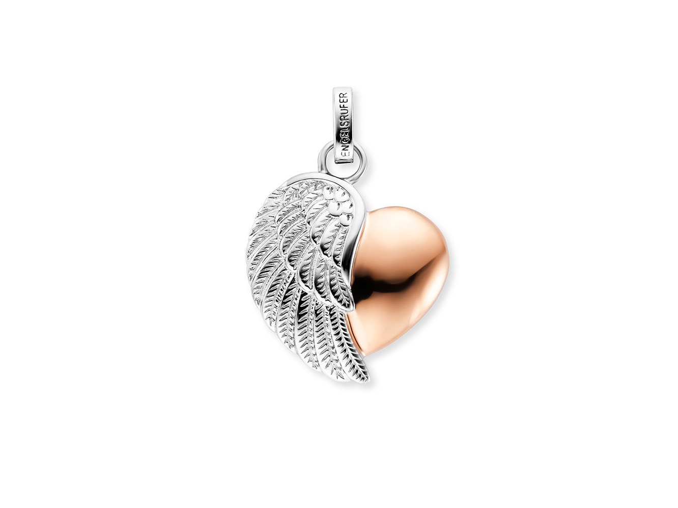 Wunderschöner Engelsrufer Herzflügel Anhänger in Bicolor, roségoldvergoldet auf Silber, der eine filigrane Federstruktur und eine schlichte Herzform vereint. Ideal für eleganten Schmuck.