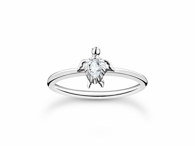 Thomas Sabo Ring in Sterling Silber mit Schildkrötenmotiv, Zirkonia und Größe 50, elegant gestaltet mit einem klaren Stein in der Mitte. Ideal für Schmuckliebhaber.