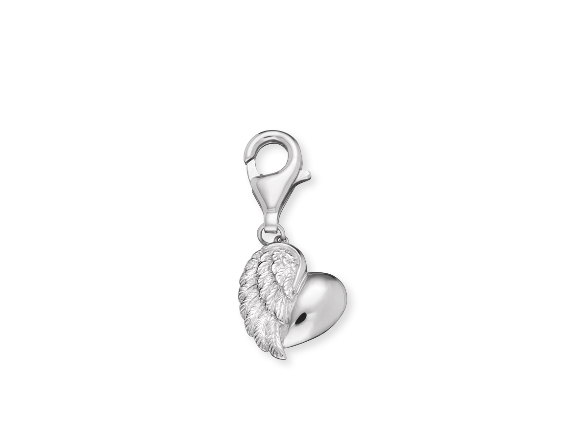 Silberner Charm in Herzform mit filigranen Flügeln, gefertigt aus rhodiniertem Silber, ideal als Anhänger für Schmuck, einzigartiges Design von Engelsrufer.