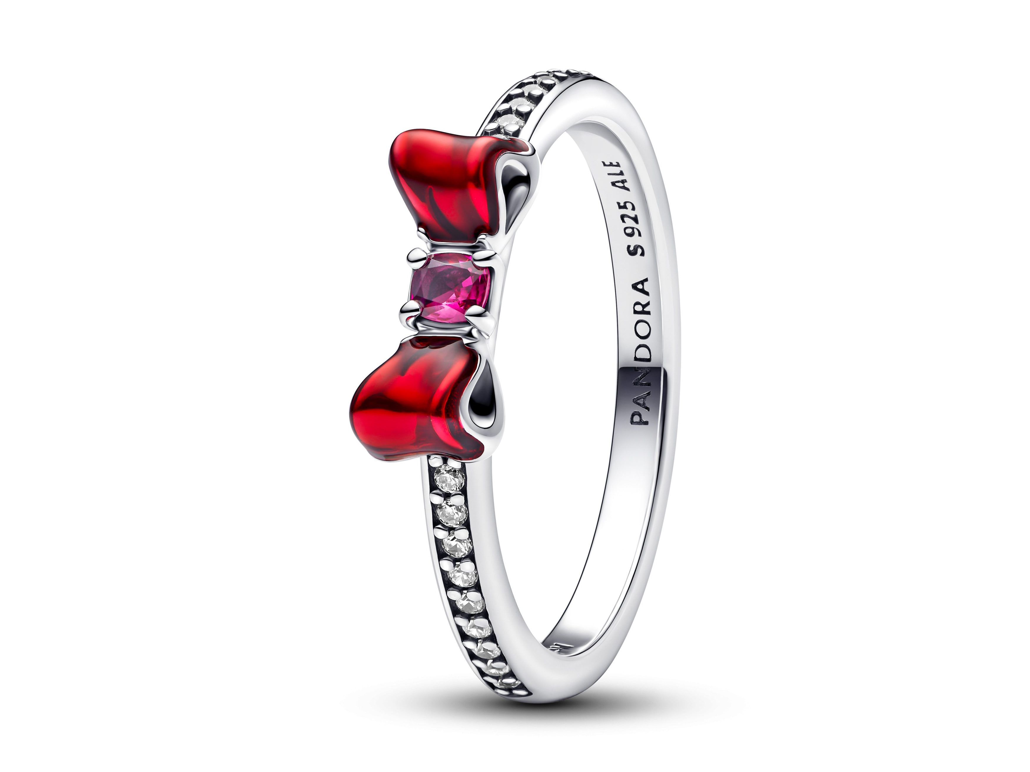 Silberner Ring von Pandora mit roter Schleife und Zirkonia, verziert mit rotem Emaille, Größe 48, inspiriert von Disney Schneewittchen, hochwertiger Schmuck.