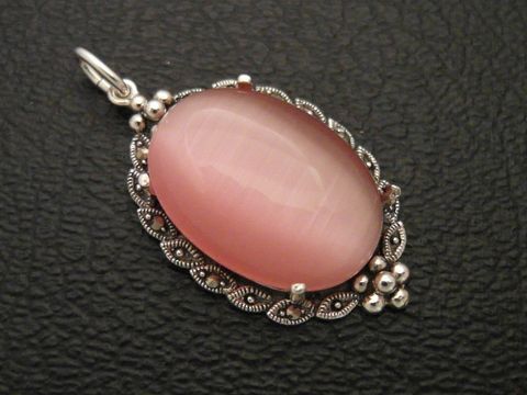 Cabochon - Katzenauge - pink - Silber Medaillon Anhänger