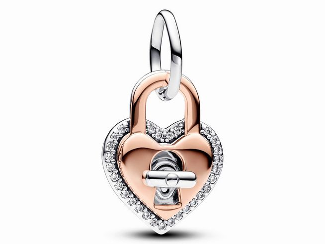 Pandora 783079C01 - Bicolor Drehbares Herz-Schloss Doppelter Charm-Anhänger - Roségold verg. - Zirkonia klar