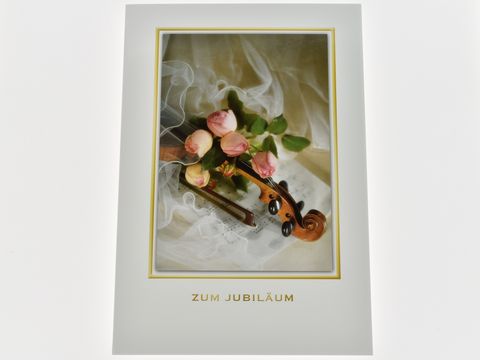 Glückwunschkarte - Rosenstrauß, Geige, Geigenbogen, Notenblatt