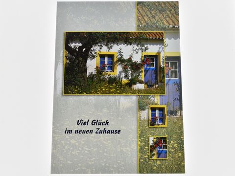 Grußkarte - Haus mit blauer Tür und Fensterladen Rosen und Baum