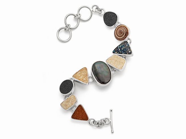 DUR Schmuck A1740 - Sterling Silber Armband Colorful-Mix - Perle + Lavasand + Bernstein + Perlmutt - 15,5 cm