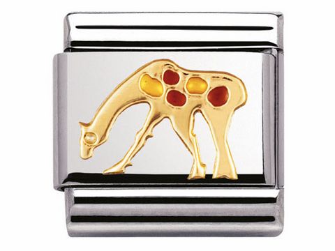 Bicolor Charm mit einer stilisierten Giraffe in Gold auf silbernem Hintergrund, emailliert in warmen Farbtönen, ideal zum Sammeln und Verschenken, von Nomination.