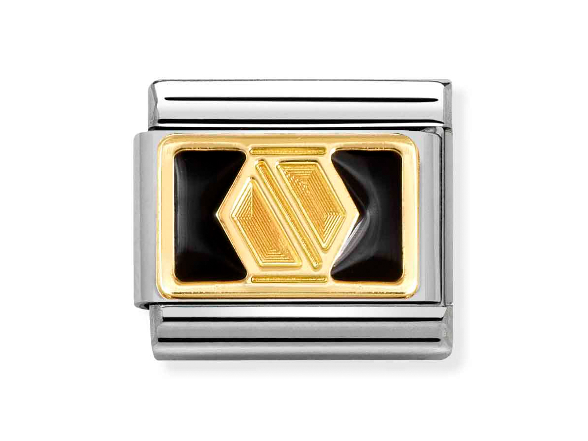 Schraube auf Schwarz Element in Classic Gold von Nomination, neues Design mit goldfarbenem Motiv auf schwarzem Hintergrund, hochwertige Materialkombination, stilvoll und modern.