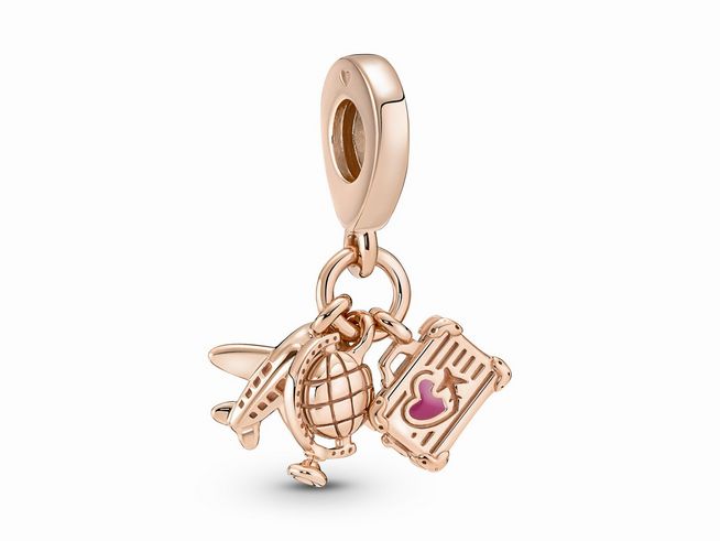 Pandora 789435C01 - Flugzeug, Globus & Koffer Charm-Anhänger - Roségold-Vergoldung - Pink