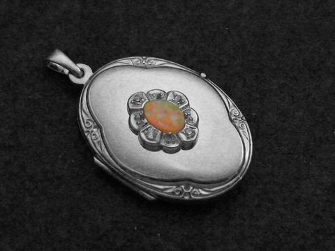 Opal syn. rosa - Medaillon Cabochon Sterling Silber + Brillanten