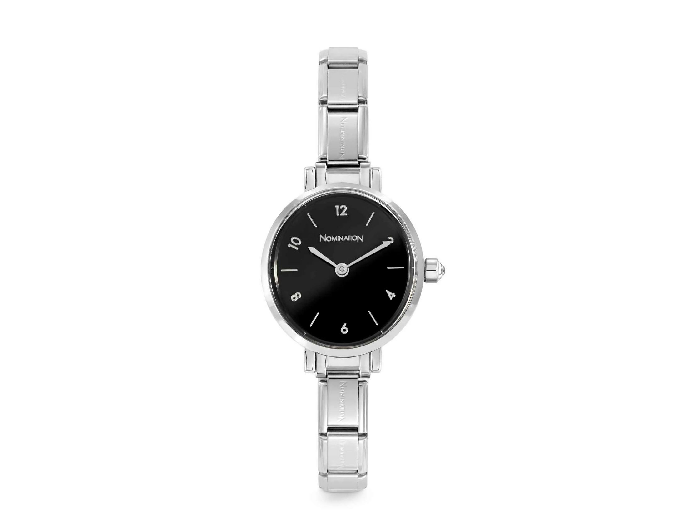 Elegante schwarze Uhr von Nomination mit einem klaren Ziffernblatt, silbernem Armband und einem klassischen Design, passend für jeden Anlass. Neuheiten aus der PARIS-Kollektion.