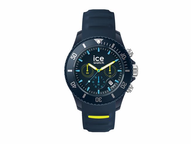 ICE chrono Blue lime von Ice watch in Blau, Medium. Die Uhr besitzt ein schwarzes Armband, ein geschwärztes Ziffernblatt mit gelben Akzenten und ist sportlich-elegant gestaltet.