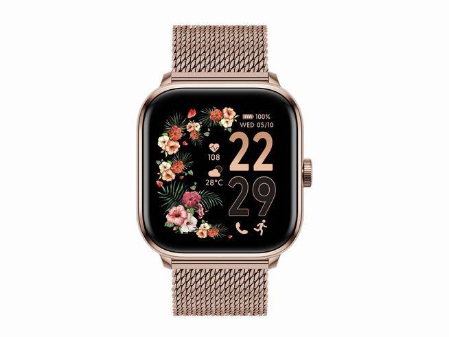 Ice Watch Uhr 023331 ICE smart in Roségold mit modischem Mesh-Armband zeigt ein digitales Ziffernblatt mit floralen Designs und verschiedenen Datenanzeigen für Temperatur und Herzfrequenz.