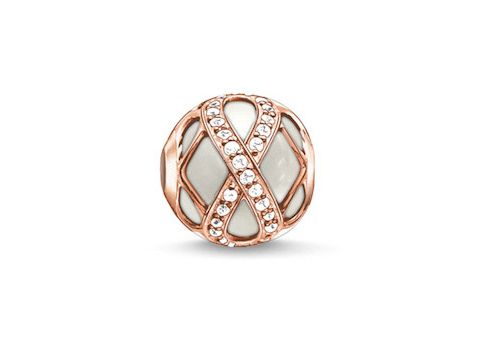 Ein eleganter Thomas Sabo Karma Bead in Roségold mit Jade und weißen Zirkonia, kunstvoll gestaltet mit einem Infinity-Motiv und feinen Details, ideal für individuelle Armbänder.