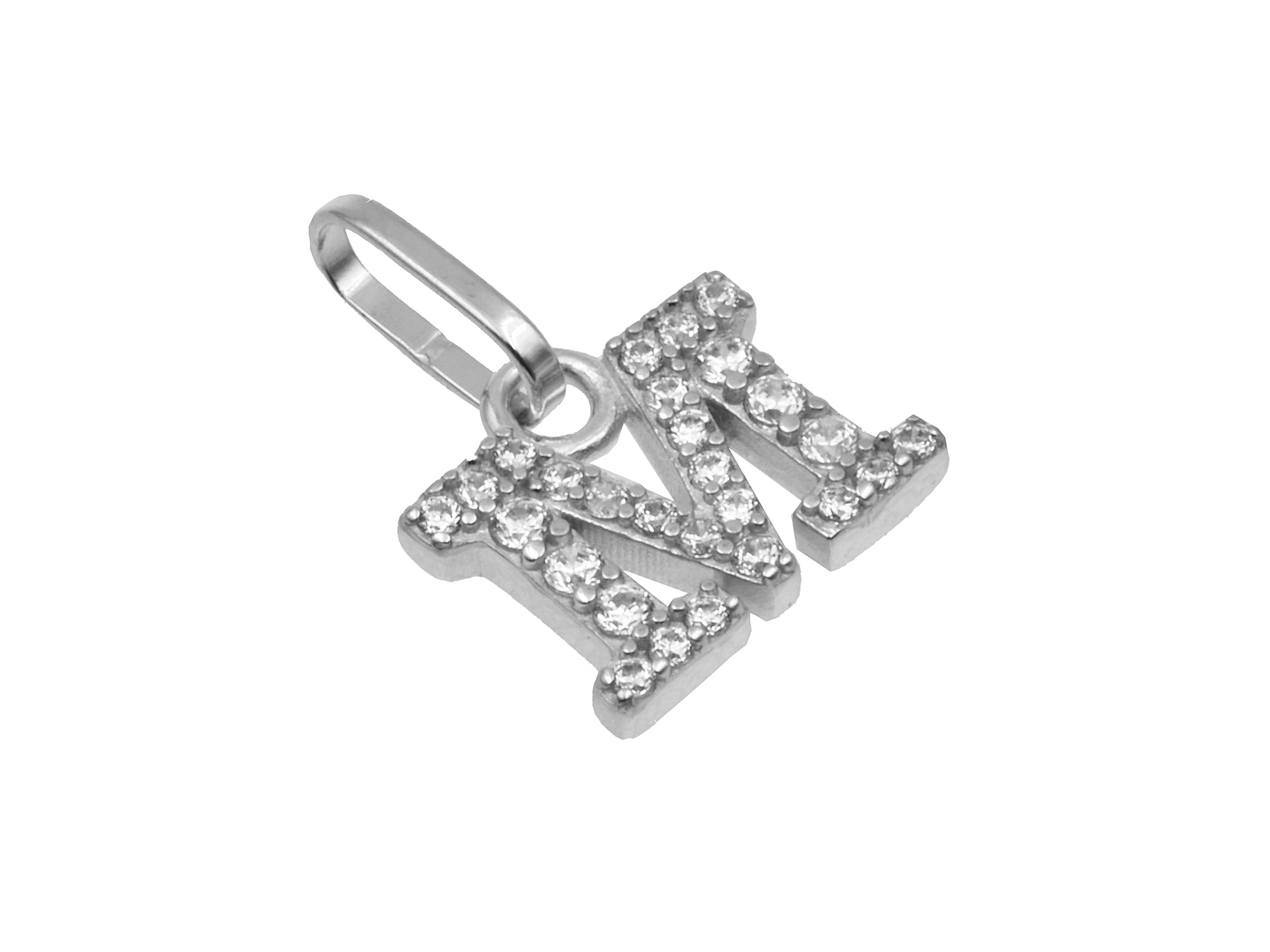 Buchstaben Anhänger M aus rhodiniertem Sterling Silber, verziert mit funkelndem Zirkonia, hergestellt von Juwelier Harnisch, stilvolles und elegantes Schmuckstück.