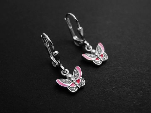 Ohrringe - Schmetterling - Sterling Silber rhod. - rosa-fuchsia tierisch - Zirkonia-Lack