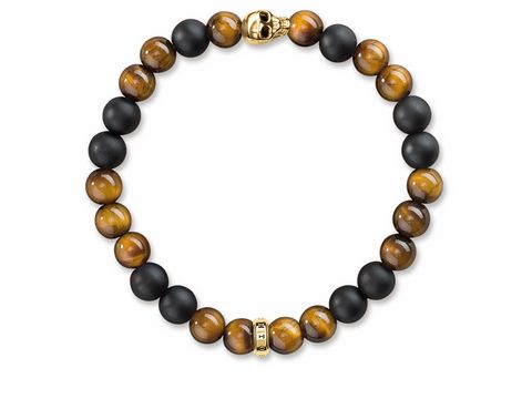 Thomas Sabo A1509-881-2-L17 Totenkopf Armband 17cm - Silber verg. Gelbgold - Tigerauge - Obsidian