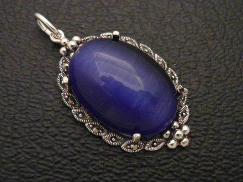 Cabochon - Katzenauge - blau - Silber Medaillon Anhänger