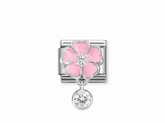 Nomination Classic Silber 331814 03 - rosa Blume - Brillant-Schliff - Zirkonia & Emaille - Weiß