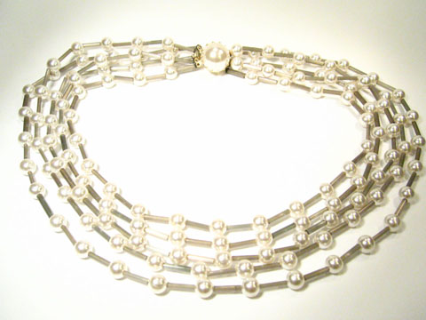 Fünfreihige Kette runde Perlen -NEU-  Silber Grau -