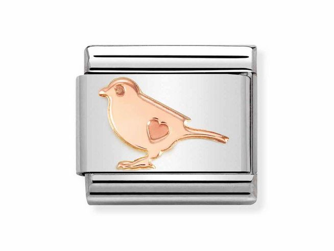 Edelstahl Armbandmodul in klassischem Design mit einem Vogelmotiv in Roségold, ausgestattet mit einem kleinen Herz, geeignet für die Nomination Kollektion.