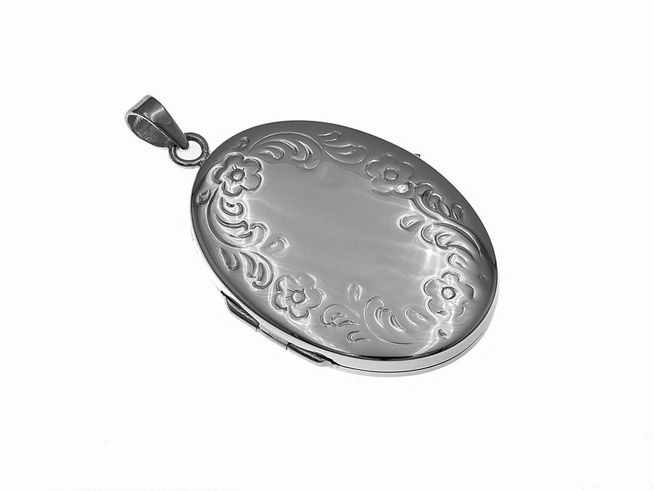 Silber Medaillon oval rhodiniert mit floralem Muster, Hersteller Juwelier Harnisch, zeigt eine eleganten Gestaltung und feine Details auf der Oberfläche. Ideal als edles Schmuckstück.