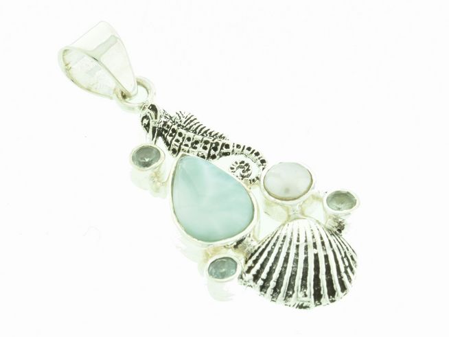 Anhänger Seepferdchen, Muschel - Larimar, Topas, Süßwasserperle - Silber 925 - hinreißend