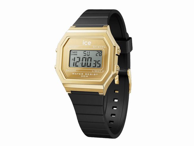 Goldene Ice Watch Uhr 022731 ICE digit retro mit schwarzem Silikonarmband, digitales Display, wasserfest bis 30 Meter, modernes Design in Schwarz und Gold, Größe Small.