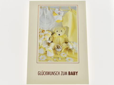 Glückwunschkarte - verschiedene Baby-Sachen in gelb und weis