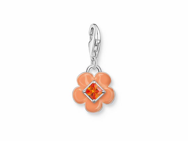 Charm-Anhänger von Thomas Sabo in Form einer orangefarbenen Blume aus Silber und Emaille, verziert mit einem Zirkonia in der Mitte, ideal für stilvolle Accessoires.