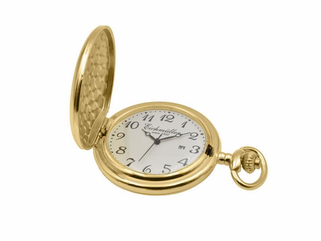 Eichmüller Taschenuhr Datum - Edelstahl mit Deckel - vergoldet Gelbgold poliert - Mineralglas - 6,5 cm